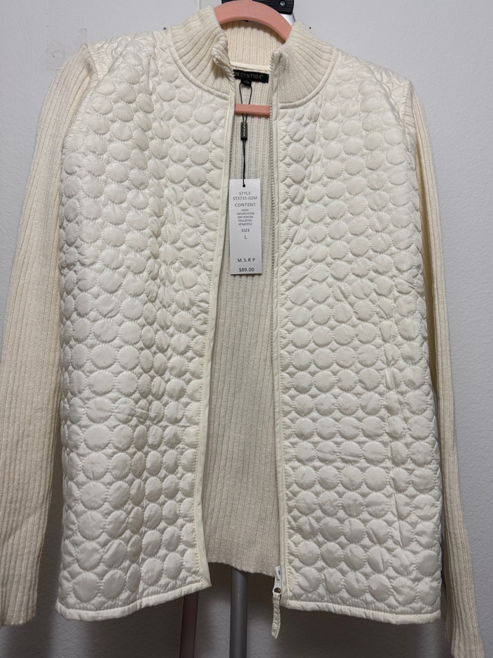For Cynthia Cream Quilted & Rib-Knit Sleeve Puffer Jacket